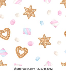 Background with gingerbread and marshmallows. Christmas or New Year seamless pattern. festive vector illustration. Cartoon flat style.