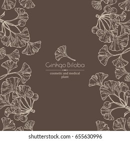Background with ginkgo: leaves and selling. Cosmetics and medical plant. Vector hand drawn illustration.