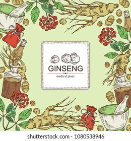 Background with ginseng: root, plant, bottle, tincture, mortar and pestle. Medical plant. hand drawn.