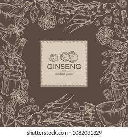 Background with ginseng: root, plant, bottle, tincture, mortar and pestle. Medical plant. hand drawn.