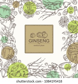 Background with ginseng: root, plant, bottle, tincture, mortar and pestle. Medical plant. hand drawn.