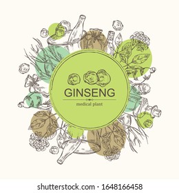 Background with ginseng: root, plant, bottle, tincture, mortar and pestle. Medical plant. hand drawn illustration.