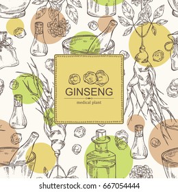 Background with ginseng: ginseng root, plant, bottle, tincture, mortar and pestle. Medical plant. hand drawn.