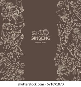 Background with ginseng: ginseng root, plant, bottle, tincture, mortar and pestle. Medical plant. hand drawn.