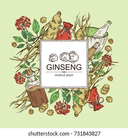 Background with ginseng: root, plant, bottle, tincture, mortar and pestle. Medical plant. hand drawn