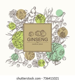 Background with ginseng: root, plant, bottle, tincture, mortar and pestle. Medical plant. hand drawn