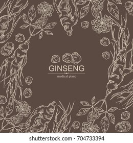 Background with ginseng: ginseng root and  plant with flower. Medical plant. hand drawn.