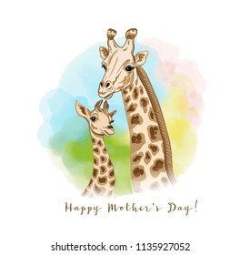 Background with giraffe mother and her child on watercolor background.  Good for greeting card for happy mother's Day, for birthday,  invitation or banner for zoo or family party. Vector Illustration.