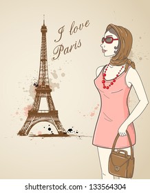 Background with girl and Eiffel Tower in Paris