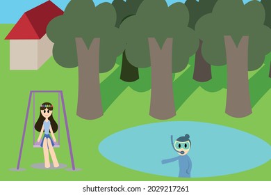 Background of Girl playing swing, Trees and pool, Nature. Healthcare and Medical concept