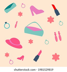 background of girl stuff, lipstick, purses, shoes, etc