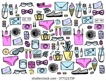 background with girls favorite things. Pattern. Set. 