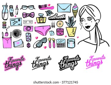 background with girls favorite things. Pattern. Set. Hipster.