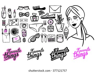background with girls favorite things. Pattern. Set. 