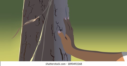 Background of A girl's hand holding a tree against the green background
