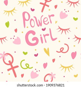 Background for girls the inscription girls’ power, hearts, flowers and cilia. Girlish print for clothes, textiles, wrapping paper, web. Seamless pattern on a white background