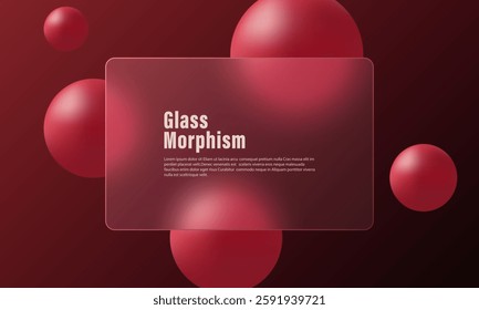 Background with glass morphism effect. Presentation screen with glass overlay effect on floating red spheres.