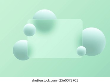 Background glass morphism with a partition in the foreground and floating green spheres in the background. Website landing page template.