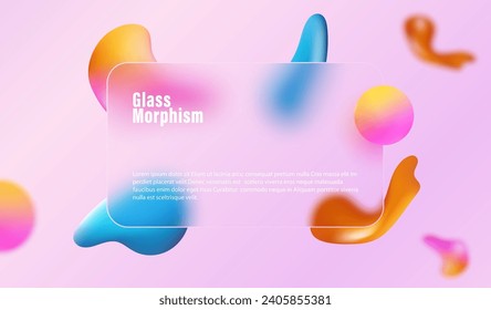 Hintergrund im Stil eines Glasmorphismus. Transparente Banner, gefrorenes Glas und bunte, flüssige abstrakte Formen