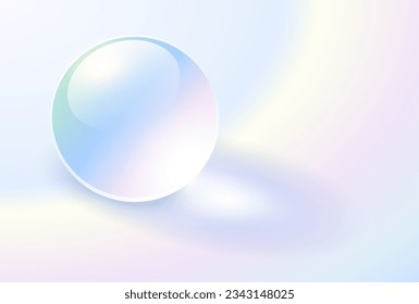 Background with glass transparent sphere, iridescence pearl shimmering with colors, 3d vector illustration.
