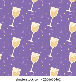 Background glasses of champagne with purple background and ribbon.