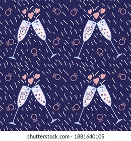 Background with Glasses and a Ring. Pattern engagement ring pink hearts And champagne glasses. Cartoon textured concept of tenderness. Vector illustration