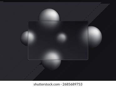 Fondo en estilo morfismo de vidrio con esferas de plata flotantes y panel oscuro transparente en degradado negro.