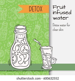 Background with glassware jar with fruit infused water. Detox for health. Vector illustration.