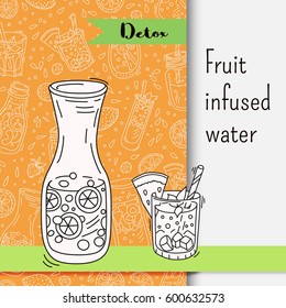 Background with glassware jar with fruit infused water. Detox for health. Vector illustration.