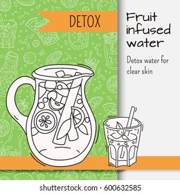 Background with glassware jar with fruit infused water. Detox for health. Vector illustration.