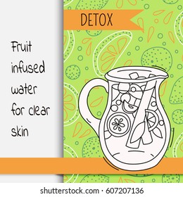 Background with glassware jar with fruit infused water. Detox for health. Vector illustration.