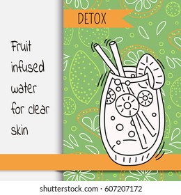 Background with glassware jar with fruit infused water. Detox for health. Vector illustration.