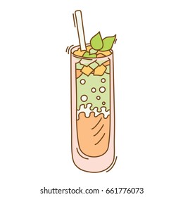 Background with glassware jar with fruit infused water, cocktail, smoothies, juice. Detox for health. Vector illustration.