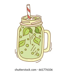 Background with glassware jar with fruit infused water, cocktail, smoothies, juice. Detox for health. Vector illustration.