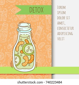 Background with glassware jar with fruit infused water. Detox for health. Vector illustration.