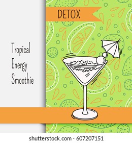 Background with glassware jar with smoothie with fruit and vegetable for health. Vector illustration.