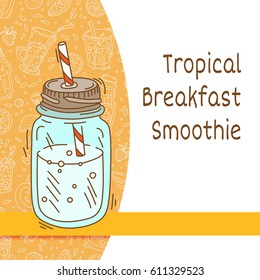 Background with glassware jar with smoothie with fruit and vegetable for health. Vector illustration.