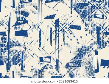 Background with glitch distorted grunge textures . grunge background texture with halftone dots, glitched shapes, textures and lines .Screen print vector background with grunge textured surface.