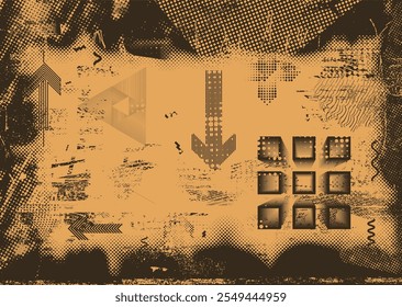 Background with glitch distorted grunge textures . grunge background texture with halftone dots, glitched shapes, textures and lines .Screen print vector background with grunge textured surface.