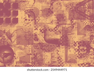 Fundo com falhas distorcidas texturas grunge . textura de fundo grunge com pontos de meio-tom, formas brilhantes, texturas e linhas. Tela de fundo vetor de impressão com grunge superfície texturizada.