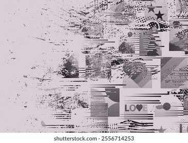 Background with glitch distorted grunge textures . grunge background texture with halftone dots, glitched shapes, textures and lines .Screen print vector background with grunge textured surface.