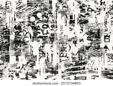 Background with glitch distorted grunge textures . grunge background texture with halftone dots, glitched shapes, textures and lines .Screen print vector background with grunge textured surface.