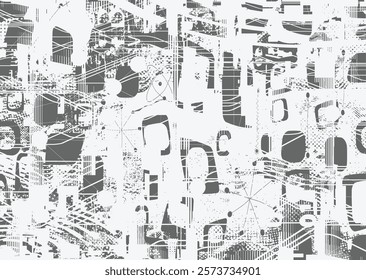 Background with glitch distorted grunge textures . grunge background texture with halftone dots, glitched shapes, textures and lines .Screen print vector background with grunge textured surface.