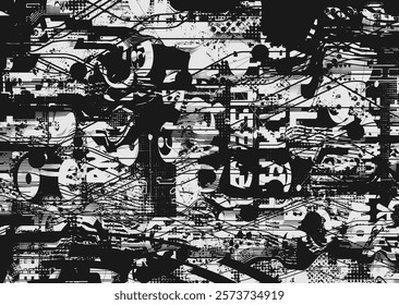 Background with glitch distorted grunge textures . grunge background texture with halftone dots, glitched shapes, textures and lines .Screen print vector background with grunge textured surface.