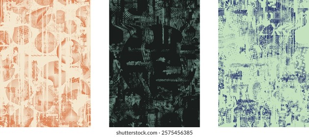 Background with glitch distorted grunge textures . grunge background texture with halftone dots, glitched shapes, textures and lines .Screen print vector background with grunge textured surface.