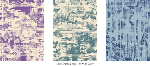 Background with glitch distorted grunge textures . grunge background texture with halftone dots, glitched shapes, textures and lines .Screen print vector background with grunge textured surface.