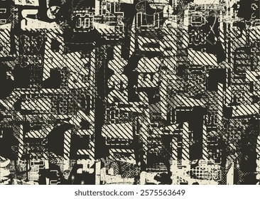 Background with glitch distorted grunge textures . grunge background texture with halftone dots, glitched shapes, textures and lines .Screen print vector background with grunge textured surface.