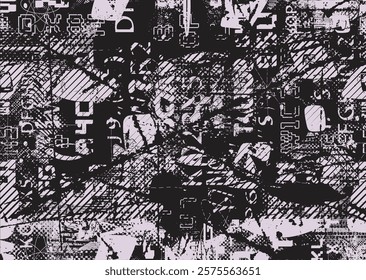 Background with glitch distorted grunge textures . grunge background texture with halftone dots, glitched shapes, textures and lines .Screen print vector background with grunge textured surface.