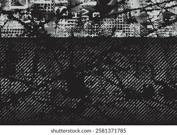 Background with glitch distorted grunge textures . grunge background texture with halftone dots, glitched shapes, textures and lines .Screen print vector background with grunge textured surface.