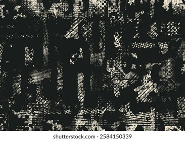 Background with glitch distorted grunge textures . grunge background texture with halftone dots, glitched shapes, textures and lines .Screen print vector background with grunge textured surface.